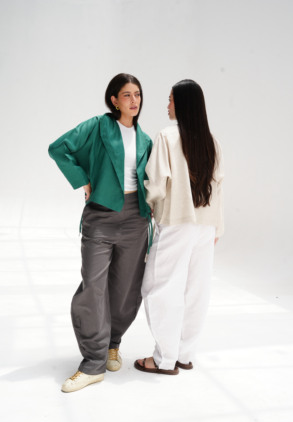 Drawstring linen cardigan in green