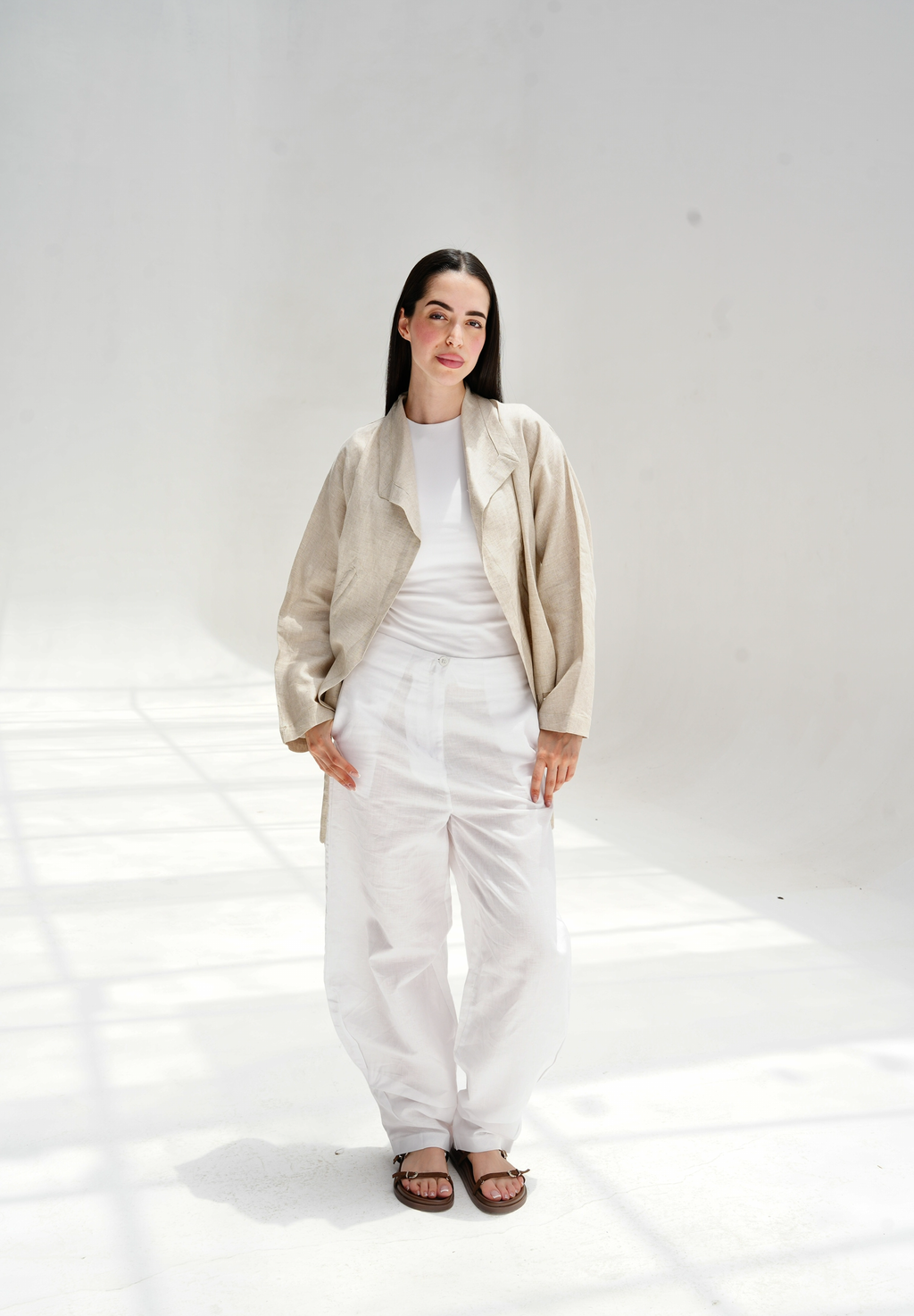 Drawstring linen cardigan in beige