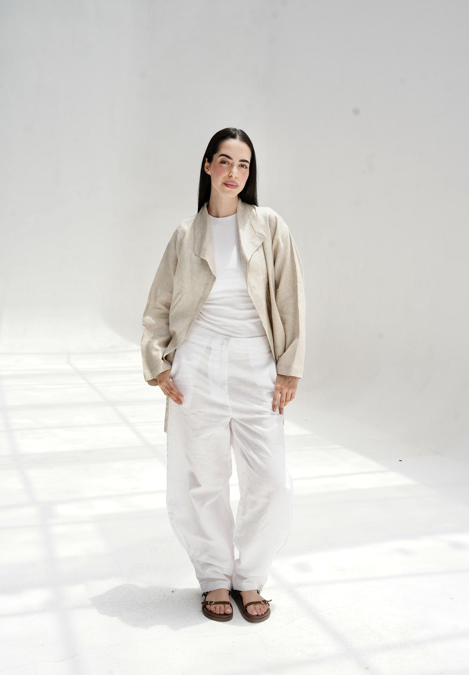 Drawstring linen cardigan in beige