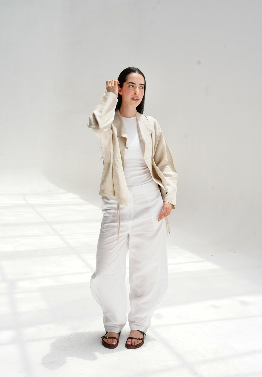 Drawstring linen cardigan in beige