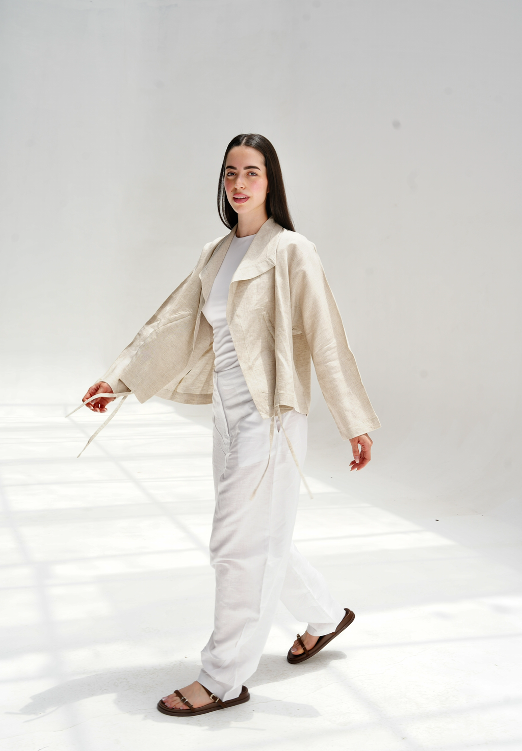 Drawstring linen cardigan in beige