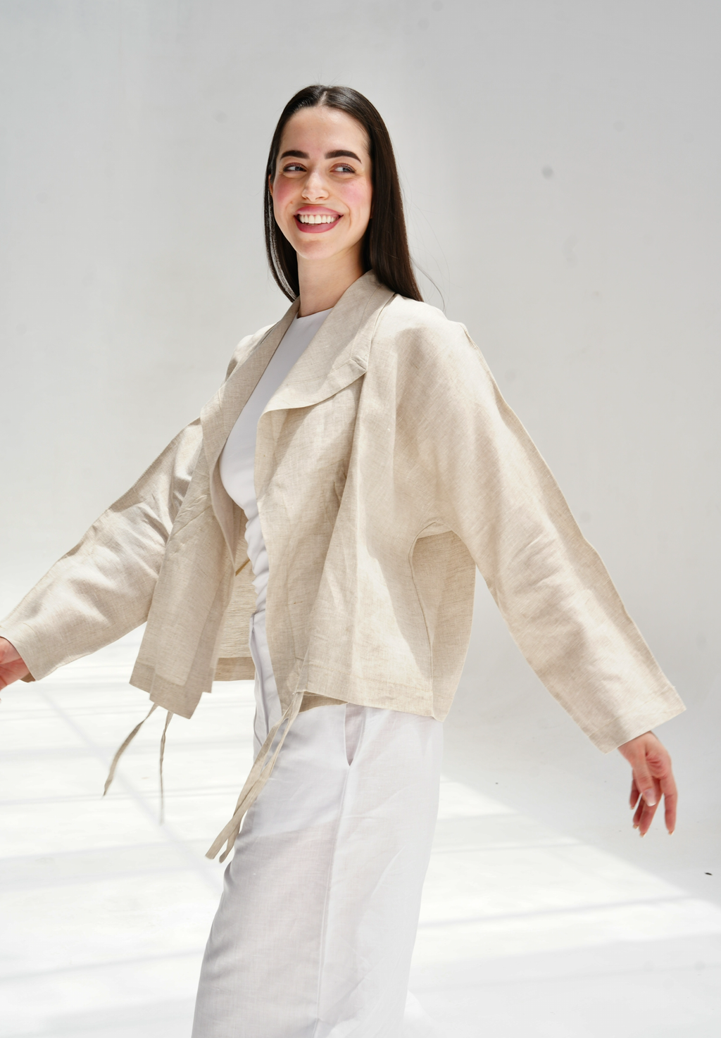 Drawstring linen cardigan in beige
