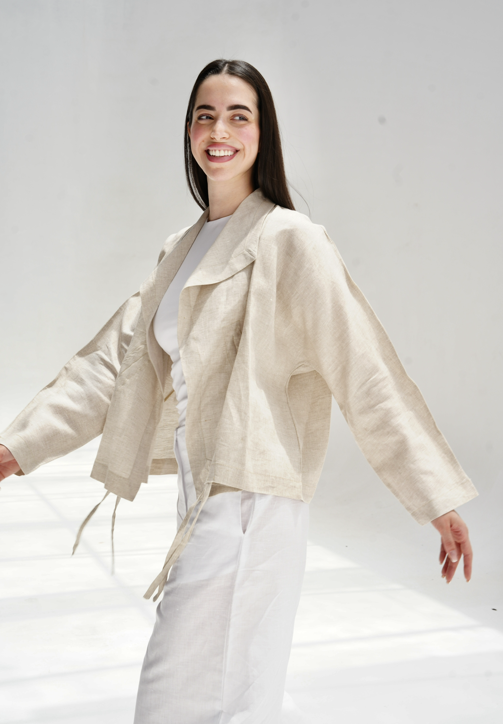 Drawstring linen cardigan in beige