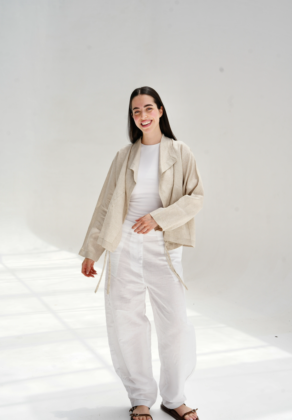 Drawstring linen cardigan in beige