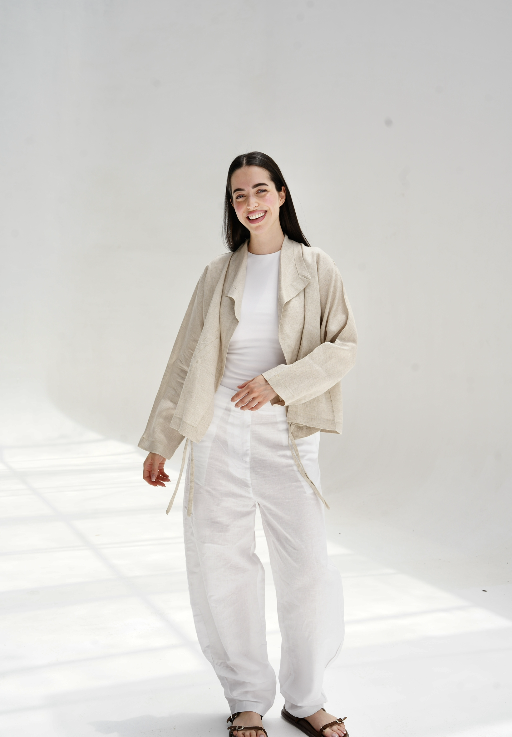 Drawstring linen cardigan in beige