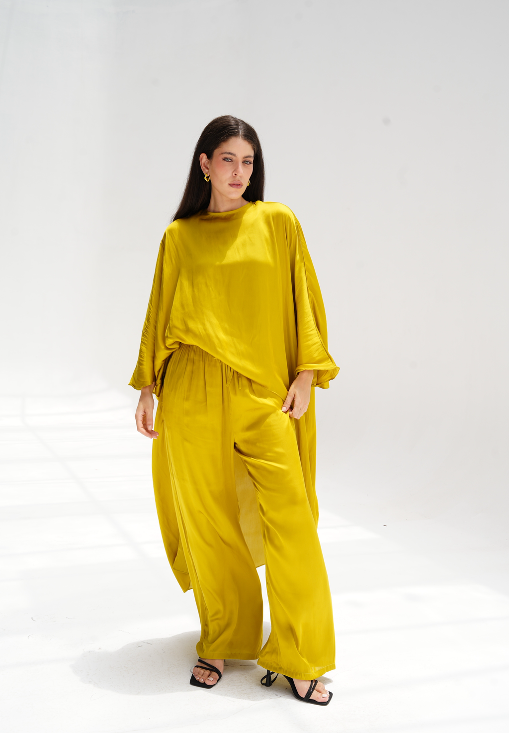 High-low satin blouse in gold