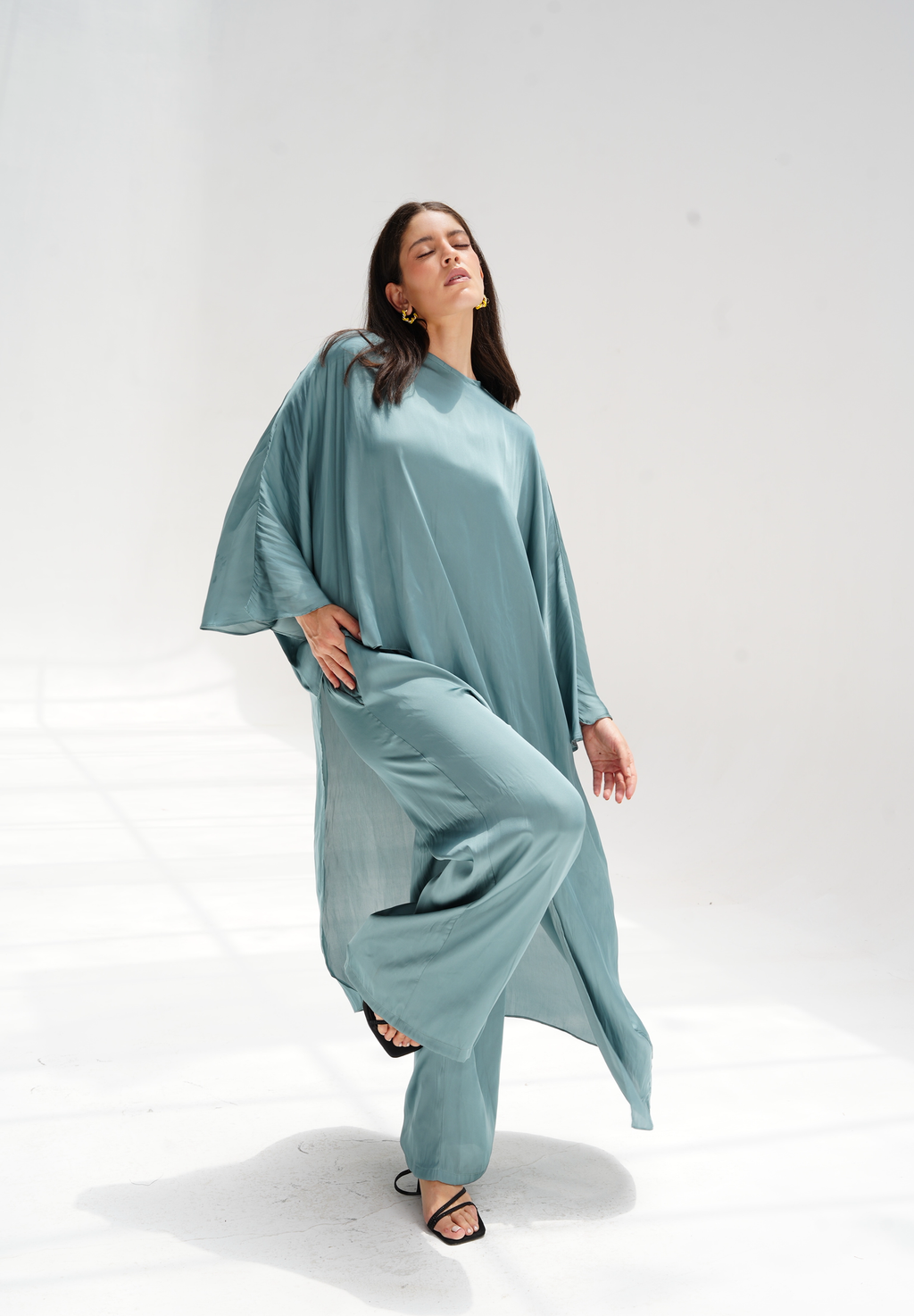 High-low satin blouse in aqua blue