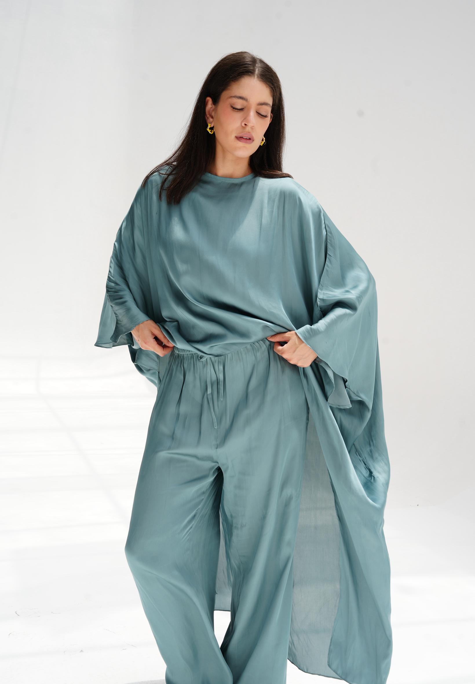 High-low satin blouse in aqua blue