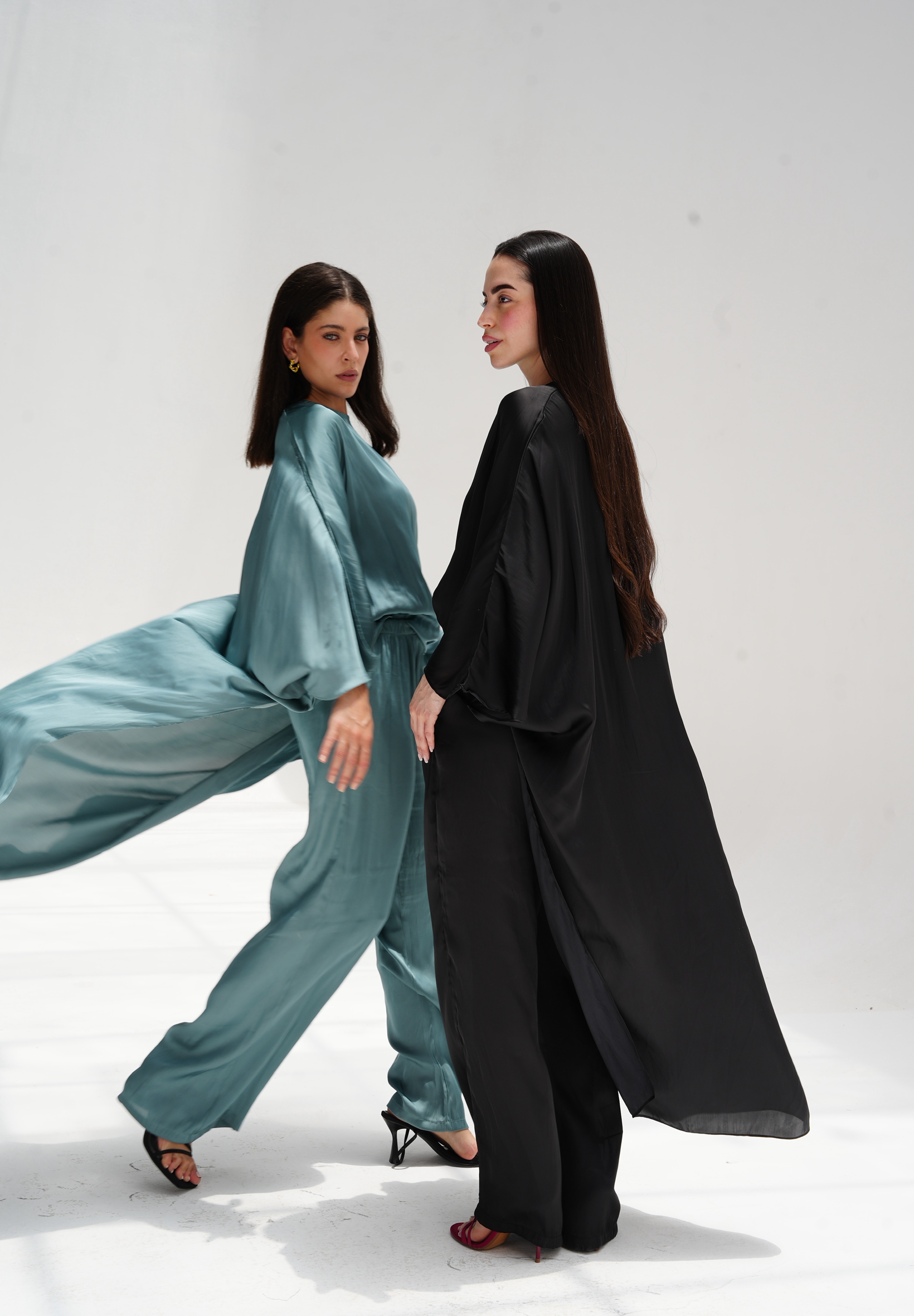 High-low satin blouse in aqua blue
