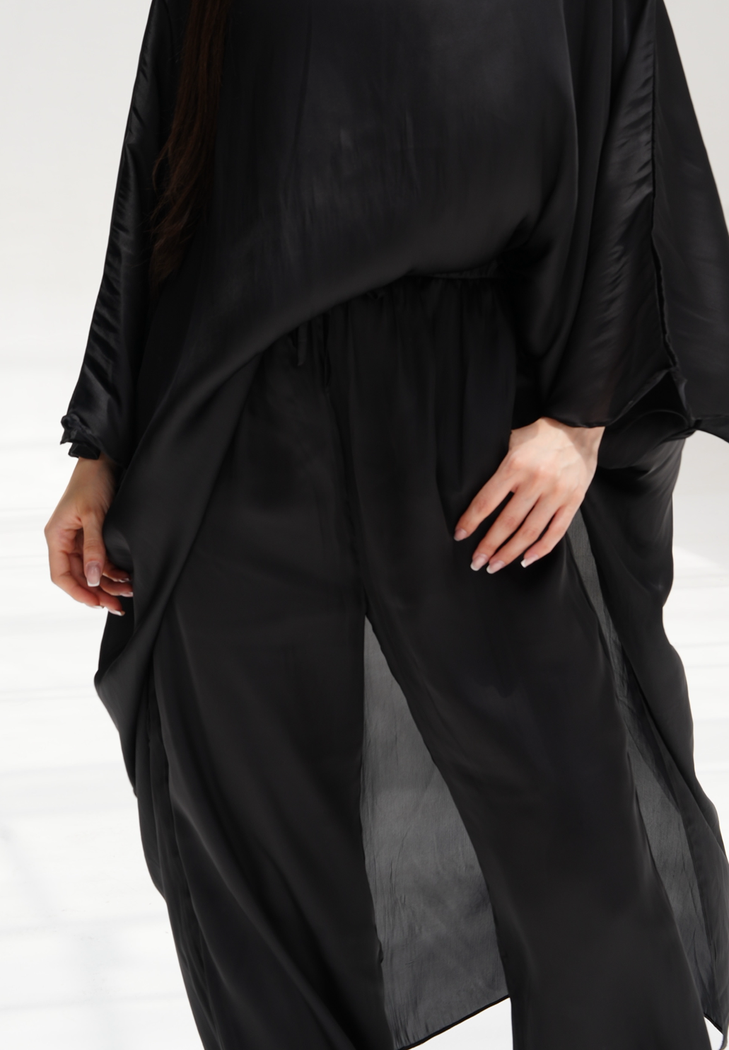 High-low satin blouse in black