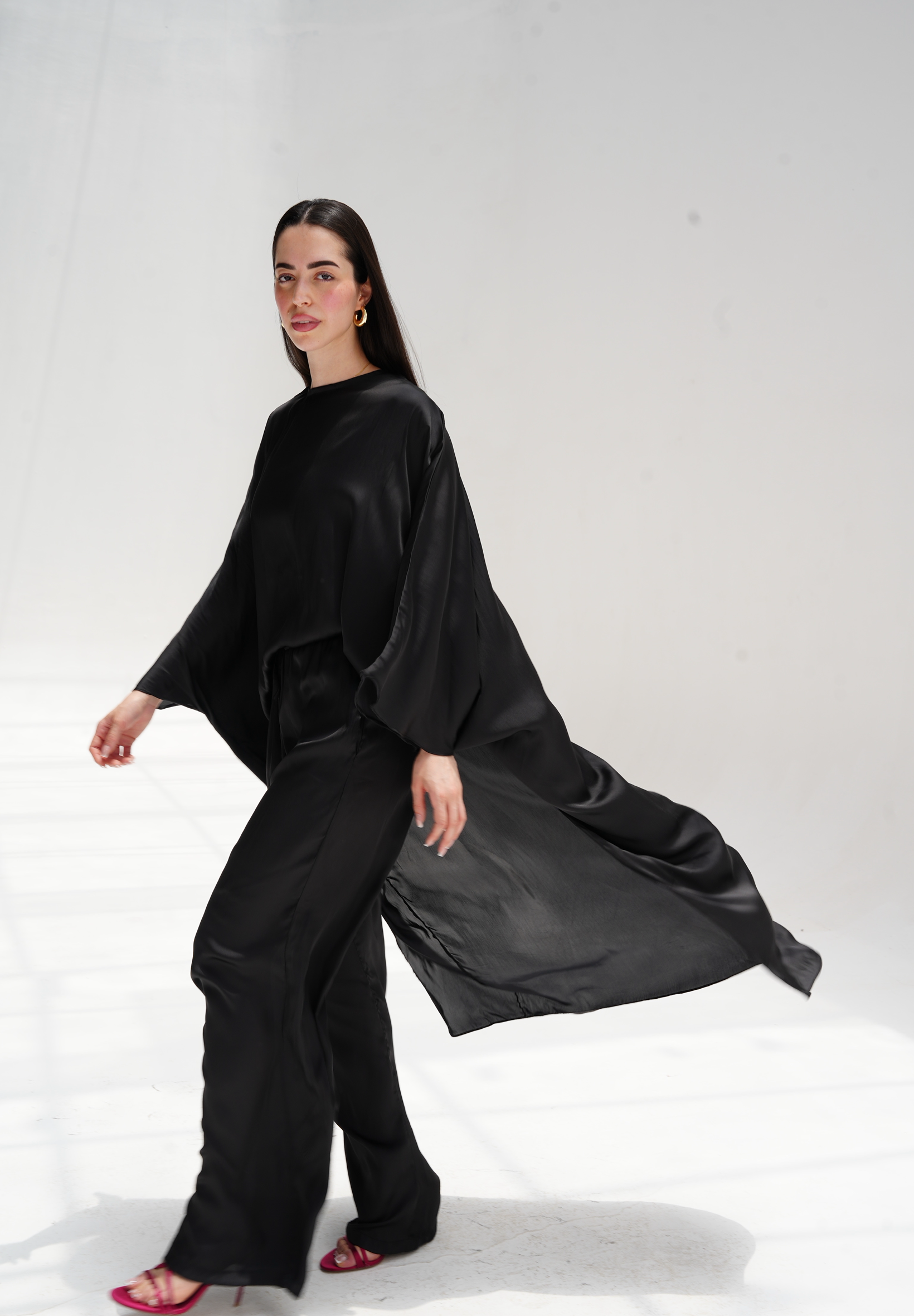 High-low satin blouse in black