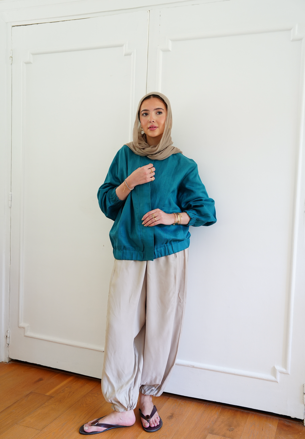 The volmont linen jacket in Teal (elastic waist)