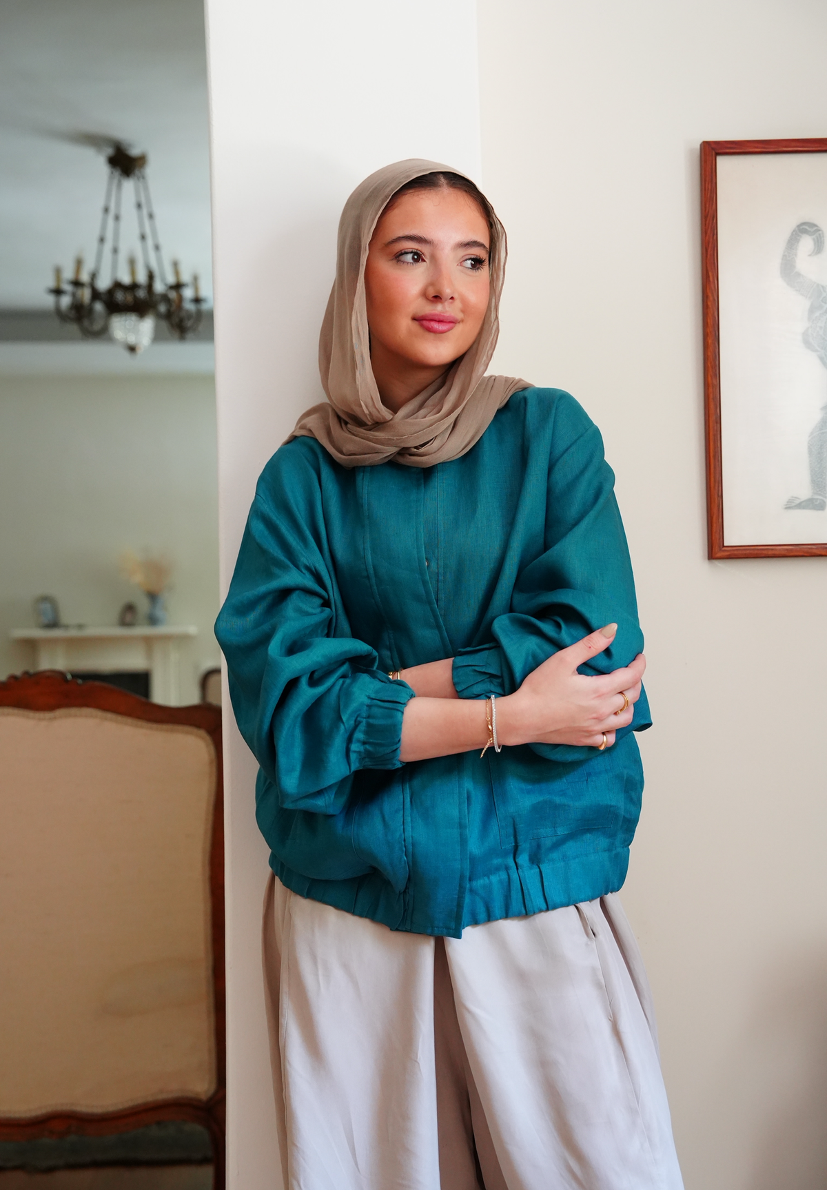 The volmont linen jacket in Teal (elastic waist)