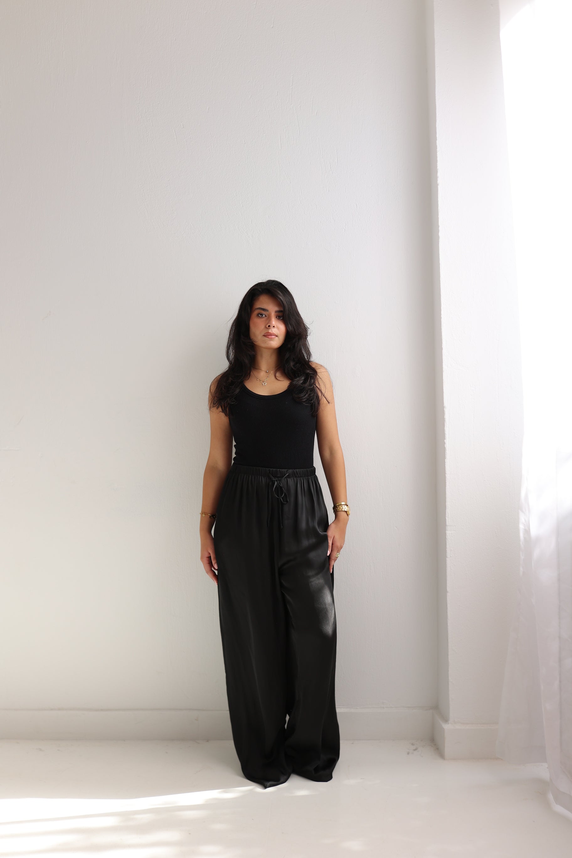 Black satin pants