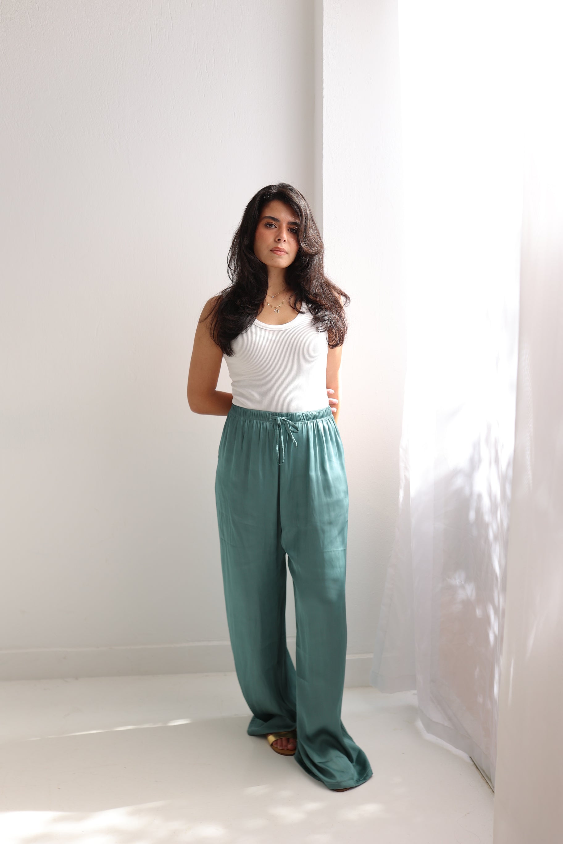 Aqua blue satin pants