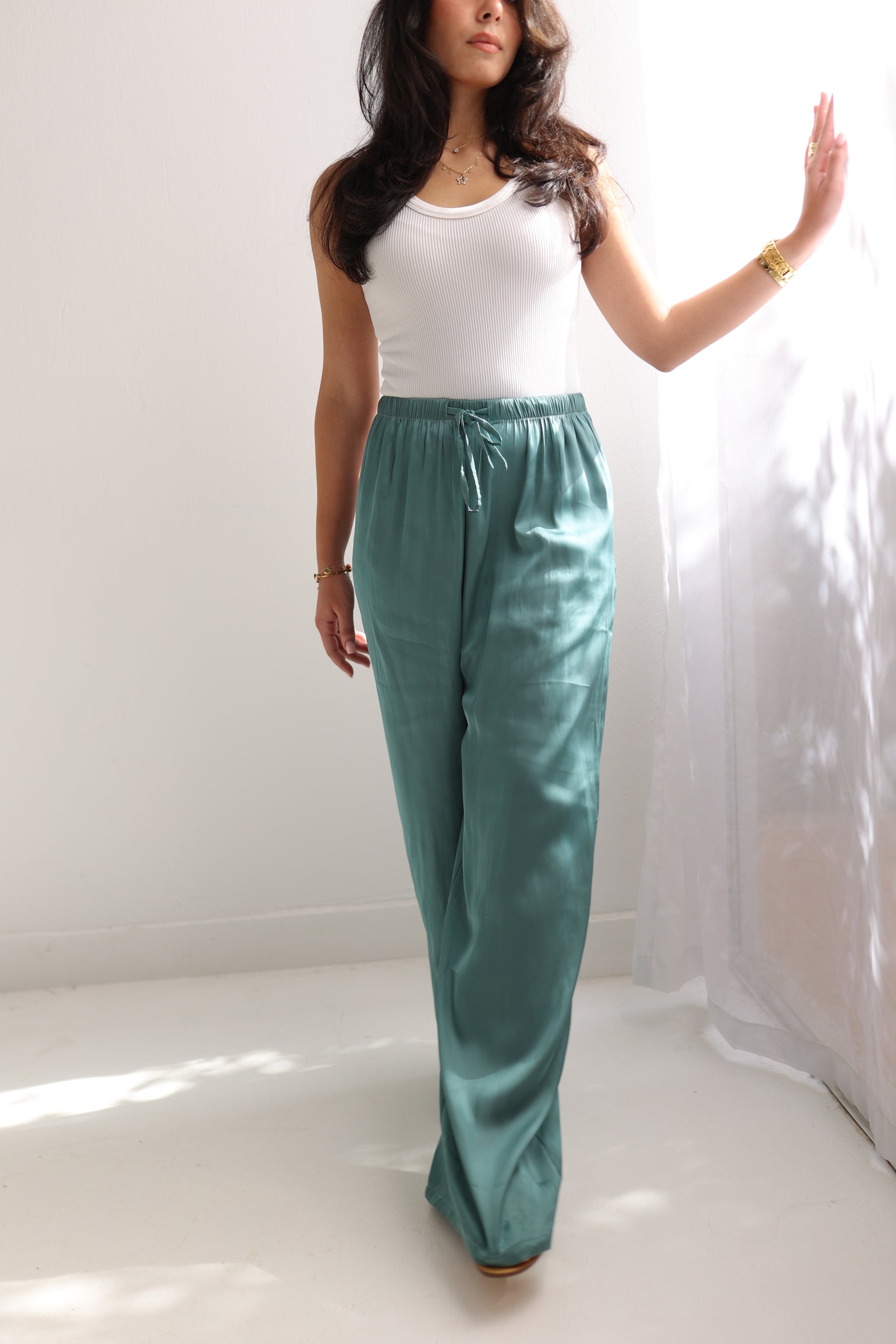 Aqua blue satin pants