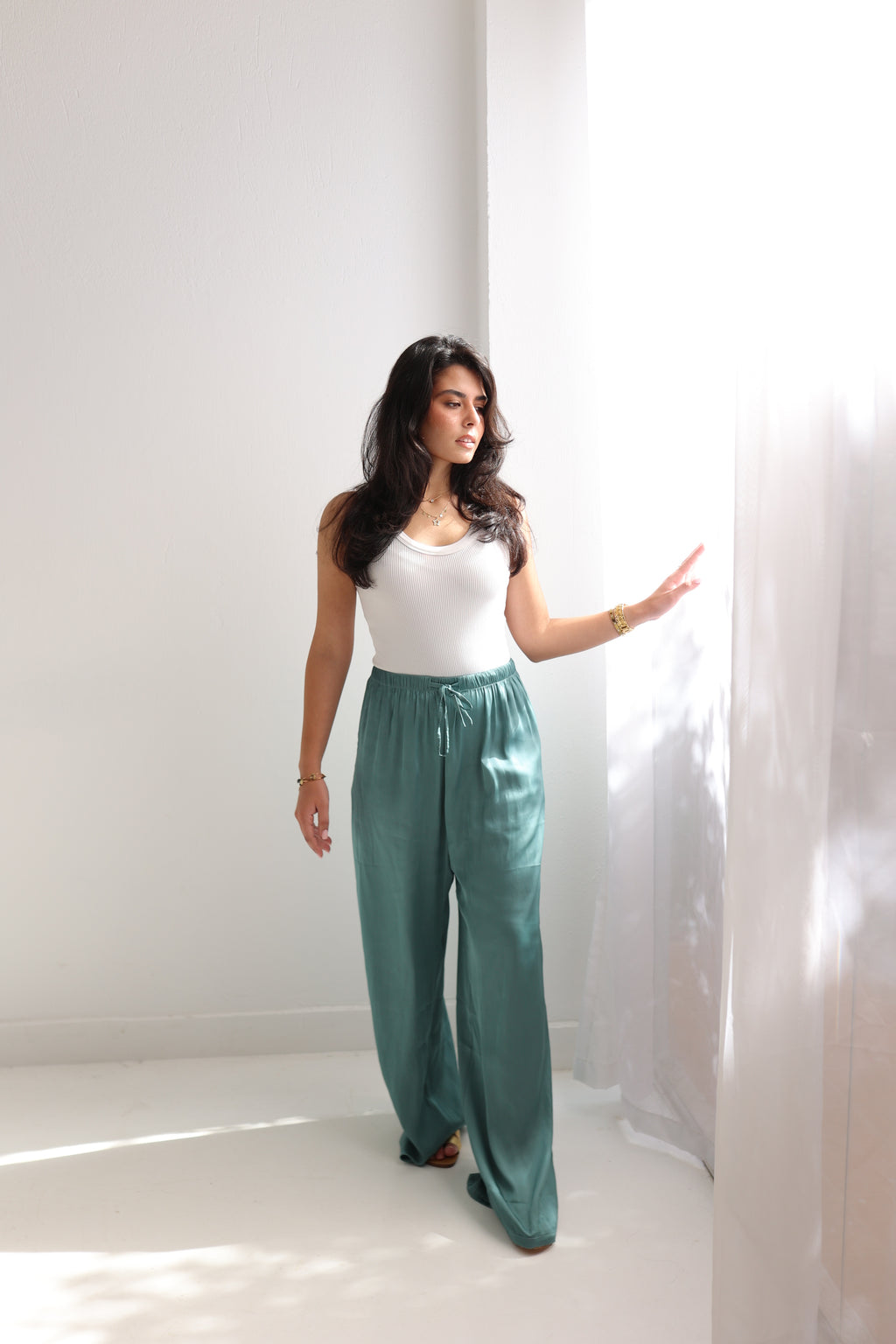 Aqua blue satin pants