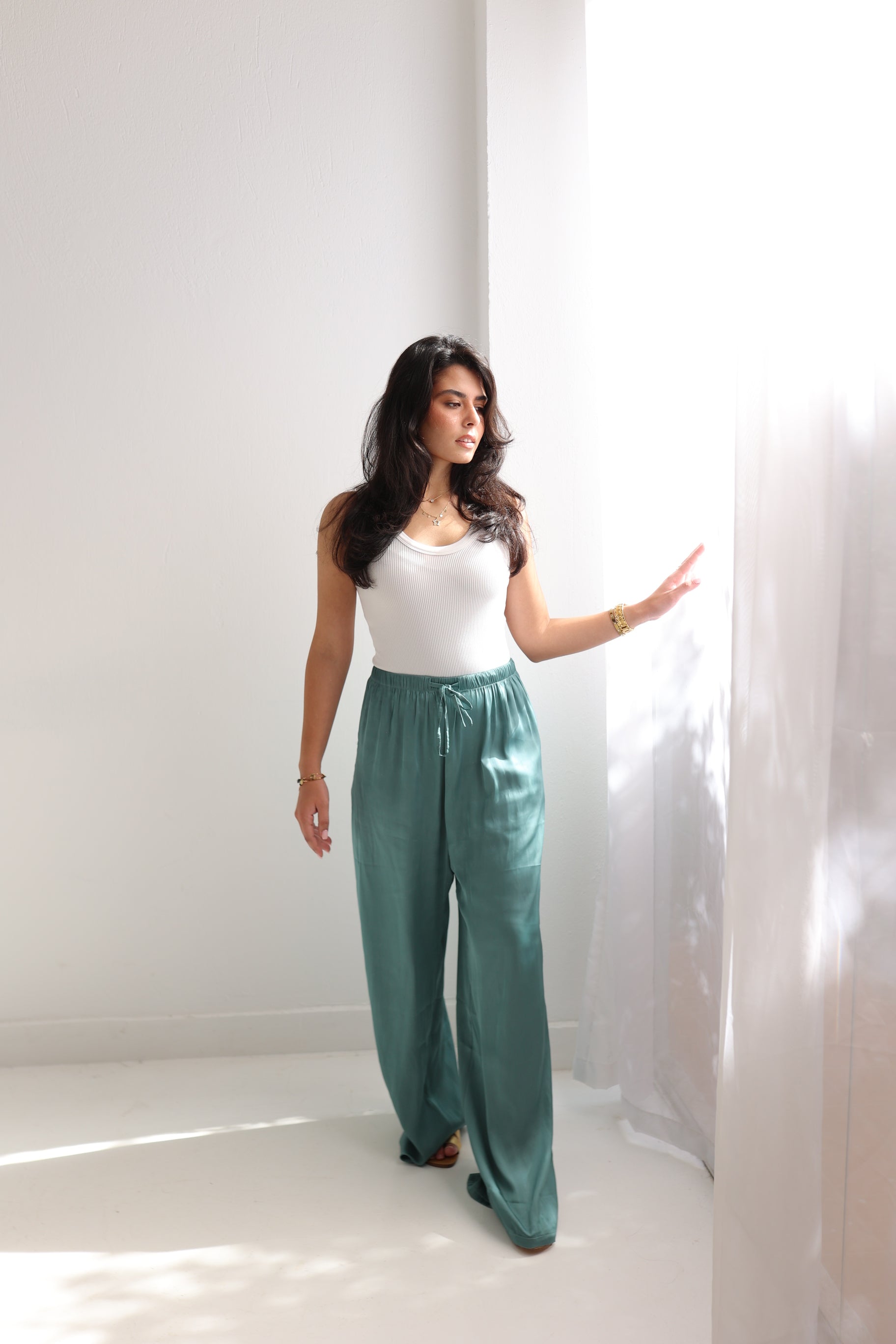 Aqua blue satin pants